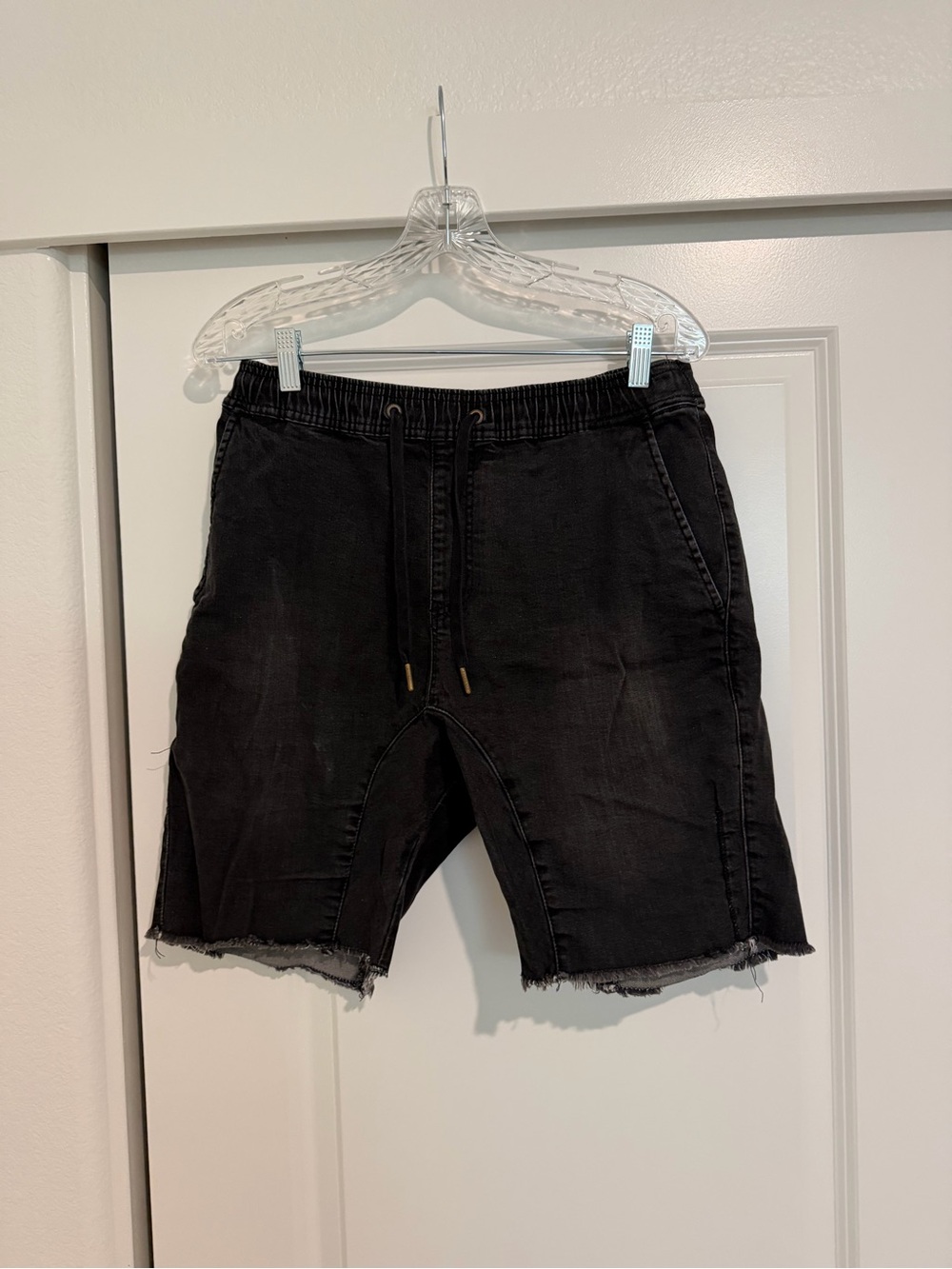 Zanerobe Black Drawstring Denim Shorts with Frayed Hem